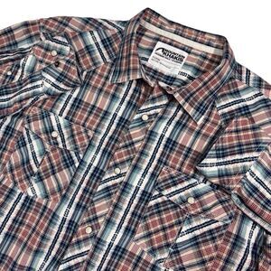 Mountain Khakis Pearl Snap Shirt Men’s XL Burgundy Blue Plaid Embroidered